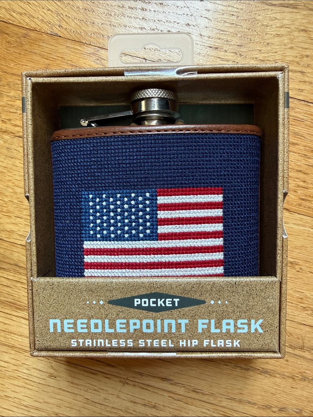 Pocket Needlepoint Flask with American Flag - Navy